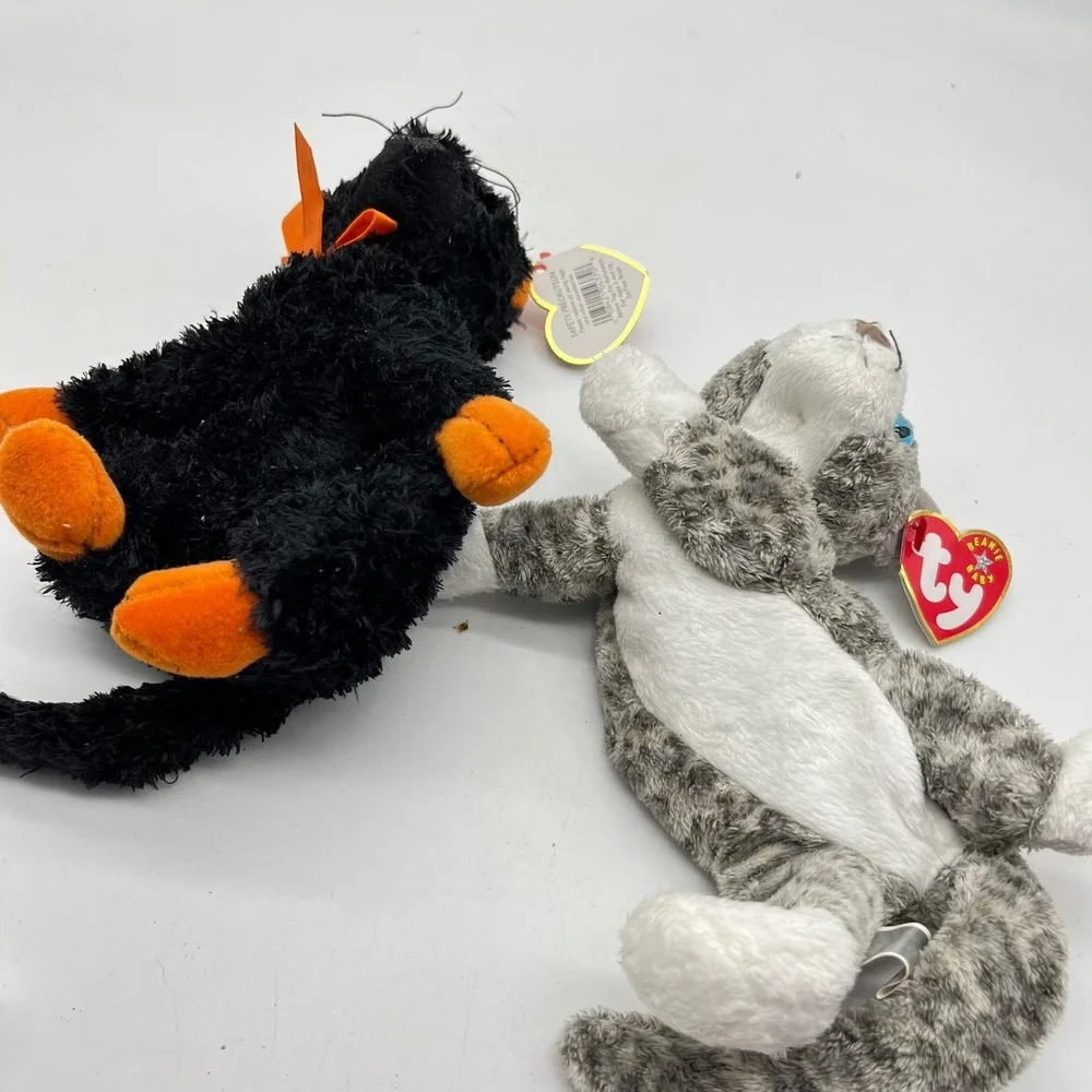 Ty Beanie Baby Cat Lot Fraidy Black Halloween Cat and Purr Grey Tabby‎ Plush 2pc